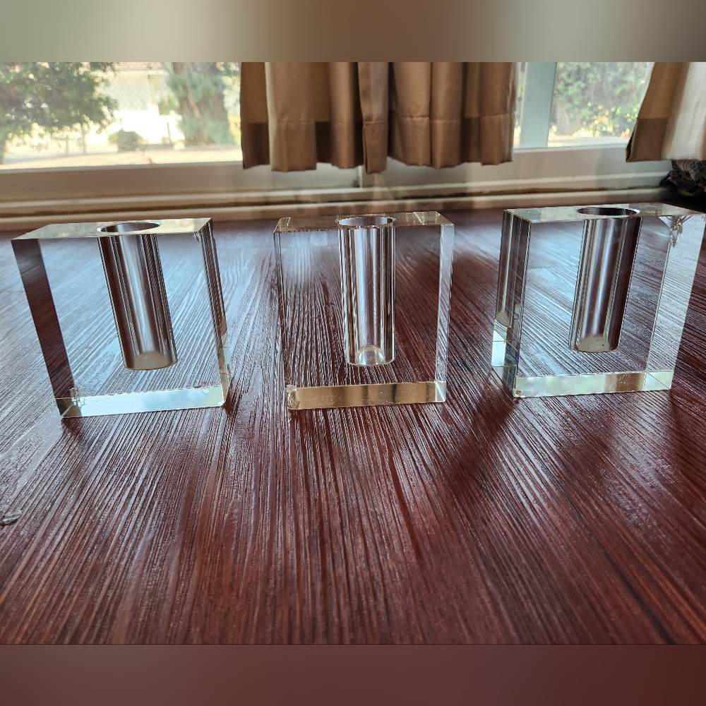 Vintage MCM Glass Bud Vase Set Of 3 Block Propagate Acrylic